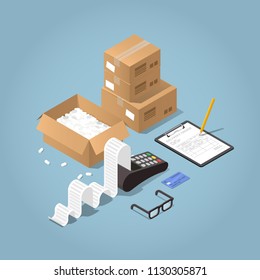 Vector isometric illustration of paying for delivered purchases. Credit card machine printing large receipt with ceding card laying nearby, cardboard boxes, pad with delivery form and signing pencil.