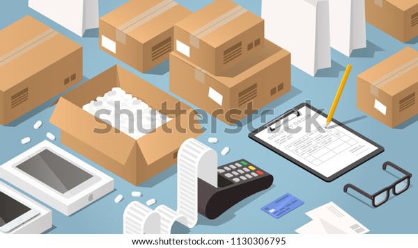 Vector isometric illustration of paying for\
delivered purchases. Credit card machine printing large receipt\
with ceding card laying nearby, cardboard boxes, pad with delivery\
form and signing\
pencil.