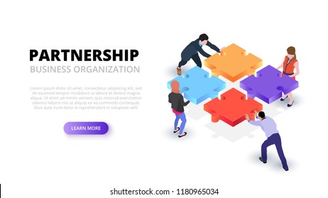 Vector isometric illustration with people holding a puzzle piece. Teamwork concept banner. Landing page.