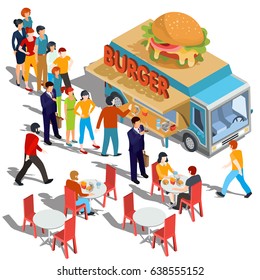 Vector isometric illustration people order and buy food and drink in a street hamburger food truck 