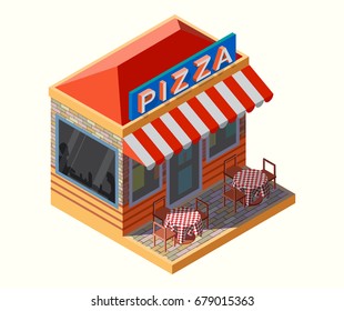 Vector isometric illustration of a pizza place, with chairs and tables on its terrace.