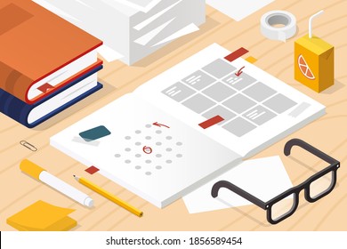 Vector isometric illustration of planning the week. Open task planner with stickers, glasses, tape, marker, pencil, books, juice, papers, clip. All objects are under mask and can be moved.