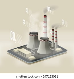 Vector Isometric Illustration Of A Plant Polluting Air. Environmental Pollution Infographic.