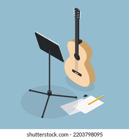 Vektorisometrische Illustration von Gitarre spielen. Steht für Noten mit Gitarre, Papieren, Bleistift und Plectron. Spielerisch lernen, üben, professionelles Akustik-Instrumentenkonzept entwickeln.