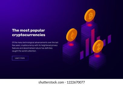 Vector isometric illustration of popular cryptocurrency. Banner with rating of bitcoin and altcoins. Design elements isolated on background with space for text