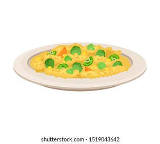Vector Isometric Illustration Of Porridge With Vegetables Isolated On White Background.