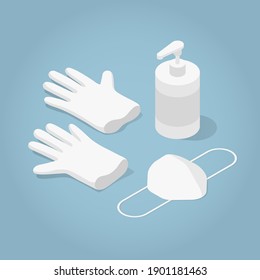 Vector Isometric Illustration Of Protective Mask, Rubber Gloves And Hand Sanitizer. Personal Protective Equipment.