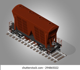 Vector isometric illustration of rail car for transporting cement. Rail transportation.