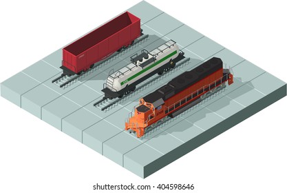 Vector isometric illustration of a rail way trains set consisting locomotive, isometric platform wagon, isometric oil cistern, rail cars for bulk cargoes. Orange isometric train. Railway or railroad