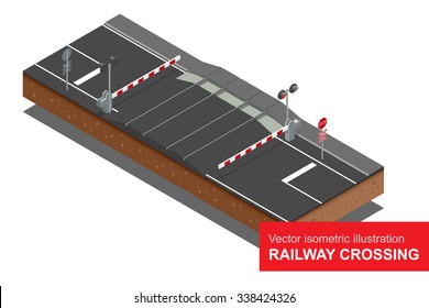 Vector Isometric Illustration Of  Railway Crossing. A Railway Level Crossing, With Barriers Closed And Lights Flashing. 