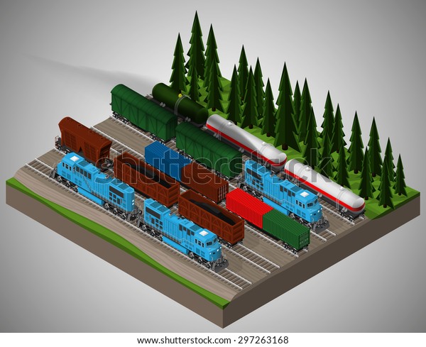 Vector isometric illustration of a railway\
junction. Railway trains consist of locomotives, platforms for\
transportation of containers, covered wagons, cisterns, and rail\
cars for bulk cargoes.