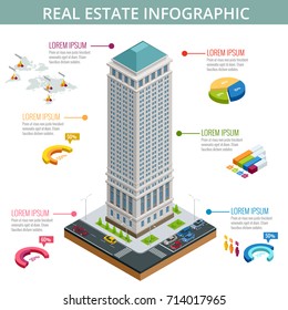 Vector Isometric Illustration Of Real Estate Infographic Made Of Buildings. Commercial And Business Area.