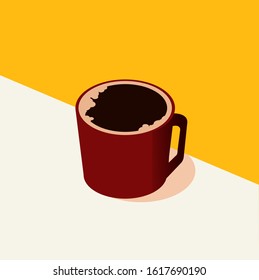 Vector isometric illustration. Red cup of black coffee with delicious foam. Yellow background. White table. 3D illustration. Flat design. All elements are isolated.