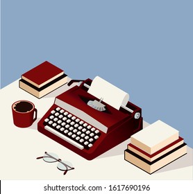 Vector isometric illustration with red typewriter, books, black coffee and glasses. Blue background. Composition on the white table. 3D illustration. World Writer Day. All elements are isolated.