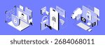 Vector isometric illustration related to cybersecurity, payment safety, cloud technology security. Modern flat illustration for website or mobile app
