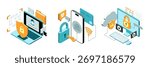 Vector isometric illustration related to cybersecurity, payment safety, cloud technology security. Modern flat illustration for website or mobile app