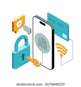 Ilustración isométrica de Vector relacionada con la ciberseguridad, protección de datos personales, seguridad de pagos y compras. Ilustración plana moderna para Sitio web o App móvil
