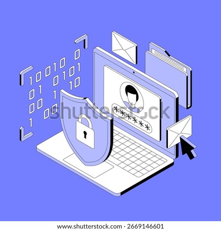 Vector isometric illustration related to cybersecurity, personal data protection, user account safety. Modern minimalistic illustration for website or mobile app