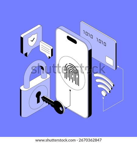 Vector isometric illustration related to cybersecurity, personal data protection, payment safety. Modern minimalistic illustration for website or mobile app