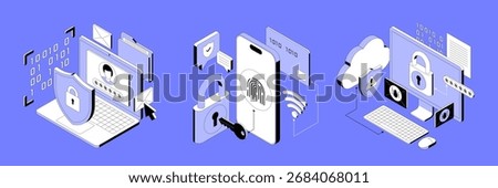 Vector isometric illustration related to cybersecurity, payment safety, cloud technology security. Modern flat illustration for website or mobile app