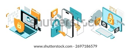 Vector isometric illustration related to cybersecurity, payment safety, cloud technology security. Modern flat illustration for website or mobile app