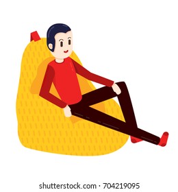 Vector isometric illustration of relaxed chilling boy guy man sitting on bean bag chair