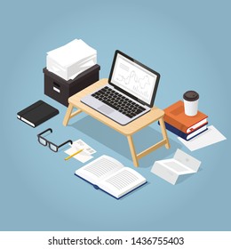 Vector isometric illustration of remote work. Cozy home workspace - laptop, glasses, papers, coffee, documents, mail, open book, organiser. Freelance concept.