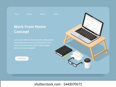 Vector isometric illustration of remote work. Cozy home workspace - laptop, glasses, papers, coffee, documents, mail, book. Freelance homepage concept.