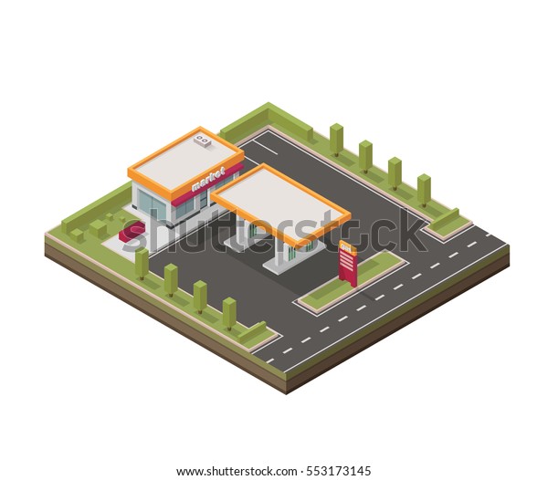 Vector\
isometric illustration representing low poly gas station. Petroleum\
filling station. Fuel. Isometric gas\
station.