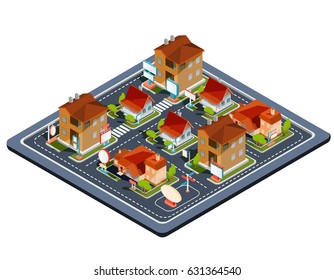 Vector isometric illustration residential quarter with icons of residential houses, cottages with garage, yard, green lawn for advertising brochures of real estate