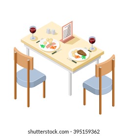 A vector isometric illustration of Restaurant Dinner Table.
Eating Dinner at a restaurant.
Eating out meal concept.