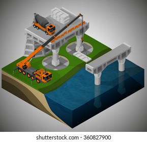 Vector isometric illustration of road construction of a bridge and machinery involved. Pouring the foundation, installation of support using cement mixer and mobile crane.