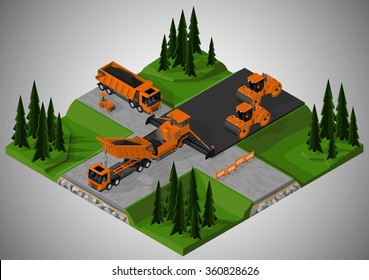 Vector isometric illustration of road construction and machinery involved. Dump truck, road rollers and asphalt paver.
