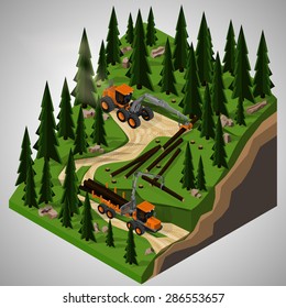 Vector isometric illustration of a rubber-tired forestry harvester and  forwarder at logging operations. Equipment for forestry industry.