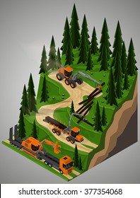 Vector isometric illustration of a rubber-tired forestry harvester, feller-buncher, forwarder and truck for transportation of oversized cargo at logging operations. Equipment for forestry industry.