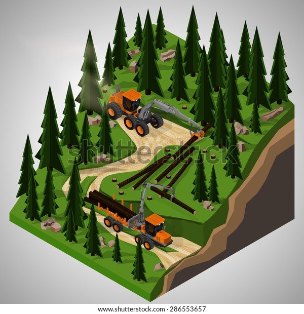 ゴム疲れの林業収穫機と伐採作業時のフォワーダーのベクター画像等角イラスト 林業用の設備 のベクター画像素材 ロイヤリティフリー