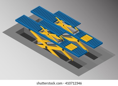 Vector isometric illustration of scissor car lift. Equipment for automotive service.