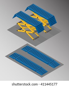 Vector isometric illustration of scissor car lift in an elevated or down position. Equipment for automotive service.