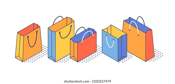 Vector isometric illustration, set of 3d icons of bags, gifts, colored packages with handles. Shopping packaging, objects for retail, shop, market, business
