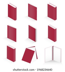 Vector isometric illustration set with book, notebook, notepad, magazine, booklet, brochure, book isolated on white background. Notebooks open and closed