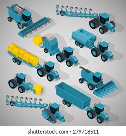 Vector isometric illustration of a set consisting of agricultural equipment, farm tractors, trailers, plows, harvesters.