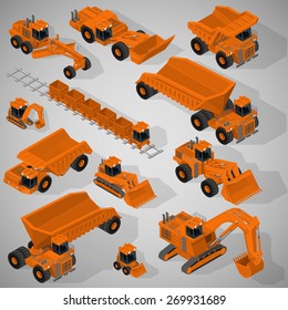 Vector isometric illustration of a set of heavy-duty trucks, mining excavators, articulated backhoe excavator, dumpers, grader, mining train. Equipment for high-mining industry.