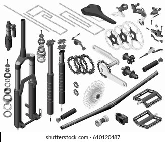 Vector isometric illustration of set of mountain bike components consisting of brakes, shifting, hubs, forks, shocks.