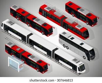 Vector isometric illustration of a set of municipal transport consisting of low floor city buses, trolleybus, a coach, a tram, a subway train. Vehicles designed to carry large numbers of passengers.