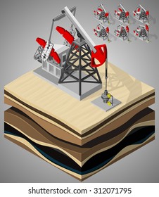 Vector isometric illustration of set of oil pumping units on oil field development. Equipment for oil and gas industry.