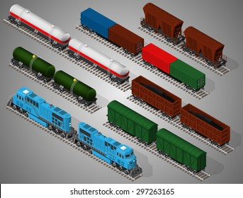 Vector isometric illustration of a set of railway trains consisting of locomotives, platforms for transportation of containers, covered wagons, cisterns, and rail cars for bulk cargoes.