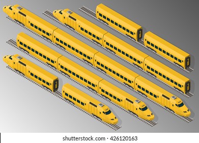 Vector isometric illustration of a set of railway passenger trains consisting of locomotives and railway carriages.