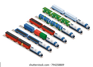 Ilustración vectorial isométrica de un conjunto de trenes ferroviarios compuestos por locomotoras, plataformas de transporte de contenedores, vagones cubiertos, cisternas y vagones ferroviarios para cargas a granel.