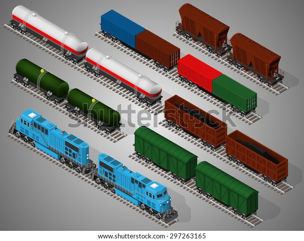 Vector\
isometric illustration of a set of railway trains consisting of\
locomotives, platforms for transportation of containers, covered\
wagons, cisterns, and rail cars for bulk\
cargoes.
