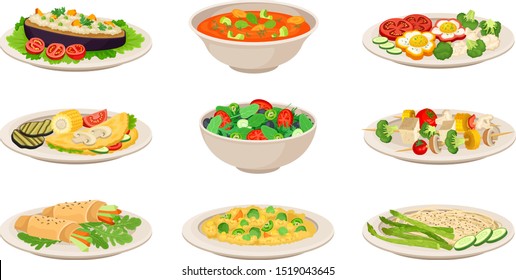 Vector Isometric Illustration Set With Vegetarian Dishes Isolated On White Background